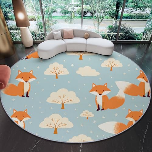 Runder Teppich aus Korallensamt Fuchs Wald Niedlich Rutschfester Waschbare 180 cm (Round) Flur Teppich Duschvorleger Fussmatten,für Esszimmer Schlafzimmer Wohnzimmer Grau Blau Senf Gelb von Generic