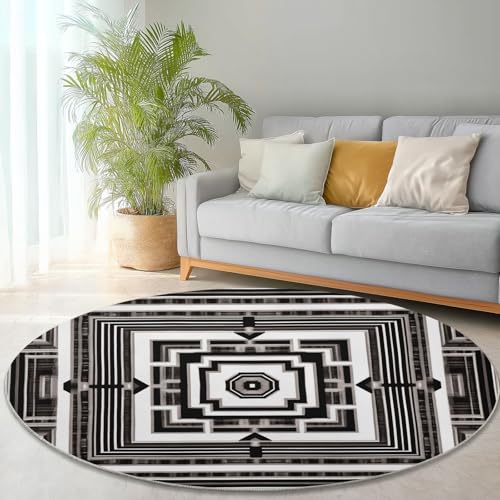 Runder Teppich aus Korallensamt Geometrie Symmetrie Kunst Rutschfester Waschbare 180 cm (Round) Flur Teppich Duschvorleger Fussmatten,für Esszimmer Schlafzimmer Wohnzimmer Schwarz Weiß von Generic
