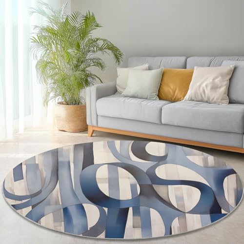 Runder Teppich aus Korallensamt Geometrische Linien Moderne Kunst Rutschfester Waschbare 90 cm (Round) Flur Teppich Duschvorleger Fussmatten,für Esszimmer Schlafzimmer Wohnzimmer Blau Beige von Generic