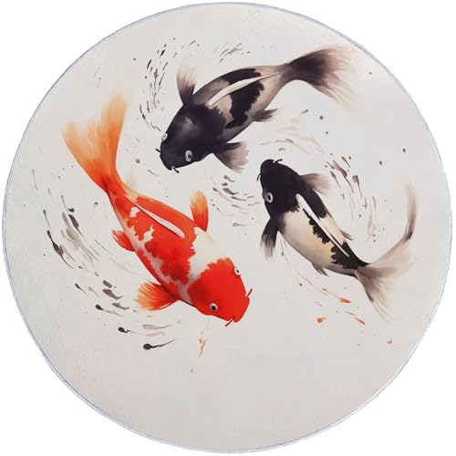 Runder Teppich aus Korallensamt Koi-Tuschemalerei glückverheißend Rutschfester Waschbare 120 cm (Round) Flur Teppich Duschvorleger Fussmatten,für Esszimmer Schlafzimmer Wohnzimmer Rot Schwarz von Generic