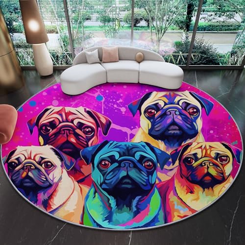 Runder Teppich aus Korallensamt Mops Pop Style Süß Rutschfester Waschbare 100 cm (Round) Flur Teppich Duschvorleger Fussmatten,für Esszimmer Schlafzimmer Wohnzimmer Farbe von Generic