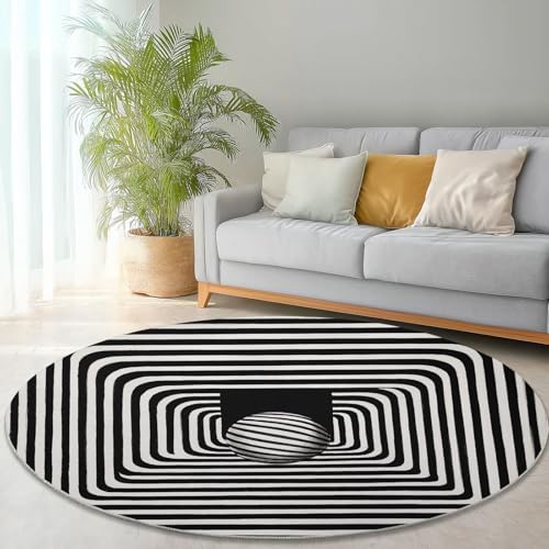 Runder Teppich aus Korallensamt Optische Täuschung Geometrie Kunst Rutschfester Waschbare 100 cm (Round) Flur Teppich Duschvorleger Fussmatten,für Esszimmer Schlafzimmer Wohnzimmer Schwarz Weiß von Generic