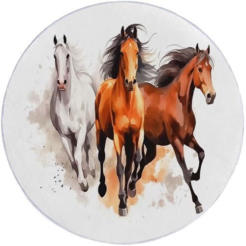 Runder Teppich aus Korallensamt Pferd Aquarell Dynamisch Rutschfester Waschbare 180 cm (Round) Flur Teppich Duschvorleger Fussmatten,für Esszimmer Schlafzimmer Wohnzimmer Braun Weiß von Generic
