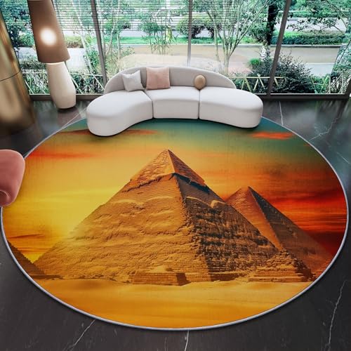 Runder Teppich aus Korallensamt Pyramiden Wüste Retro ägyptischen Stil Rutschfester Waschbare 180 cm (Round) Flur Teppich Duschvorleger Fussmatten,für Esszimmer Schlafzimmer Wohnzimmer Senfgelb von Generic