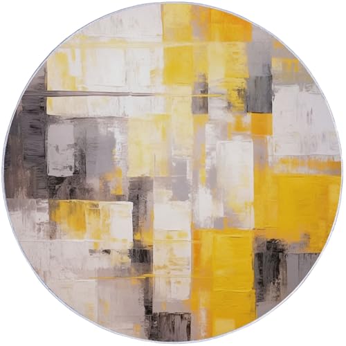 Runder Teppich aus Korallensamt Quadratisches abstraktes Ölgemälde Modern Rutschfester Waschbare 120 cm (Round) Flur Teppich Duschvorleger Fussmatten,für Esszimmer Schlafzimmer Wohnzimmer Gelb Grau von Generic