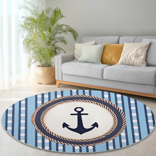 Runder Teppich aus Korallensamt Retro Streifen Einfach Rutschfester Waschbare 180 cm (Round) Flur Teppich Duschvorleger Fussmatten,für Esszimmer Schlafzimmer Wohnzimmer Blau Weiß von Generic