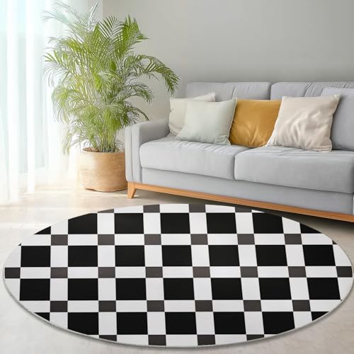 Runder Teppich aus Korallensamt Schachbrett Einfach Klassisch Rutschfester Waschbare 100 cm (Round) Flur Teppich Duschvorleger Fussmatten,für Esszimmer Schlafzimmer Wohnzimmer Schwarz Weiß von Generic