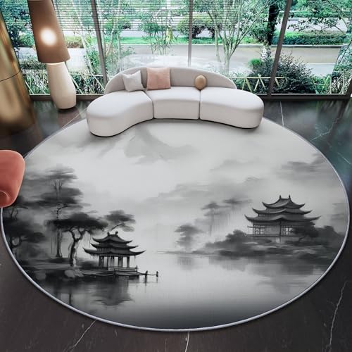 Runder Teppich aus Korallensamt Tintenlandschaft im chinesischen Stil, Rutschfester Waschbare 60 cm (Round) Flur Teppich Duschvorleger Fussmatten,für Esszimmer Schlafzimmer Wohnzimmer Grau Schwarz von Generic