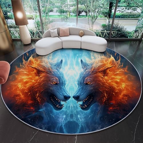 Runder Teppich aus Korallensamt Wolf Flamme Cool Rutschfester Waschbare 120 cm (Round) Flur Teppich Duschvorleger Fussmatten,für Esszimmer Schlafzimmer Wohnzimmer Anthrazitgrau Dunkelgrau von Generic