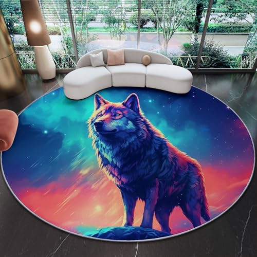 Runder Teppich aus Korallensamt Wolf Sternenhimmel Fantasy Rutschfester Waschbare 120 cm (Round) Flur Teppich Duschvorleger Fussmatten,für Esszimmer Schlafzimmer Wohnzimmer Anthrazitgrau Pfirsichrosa von Generic