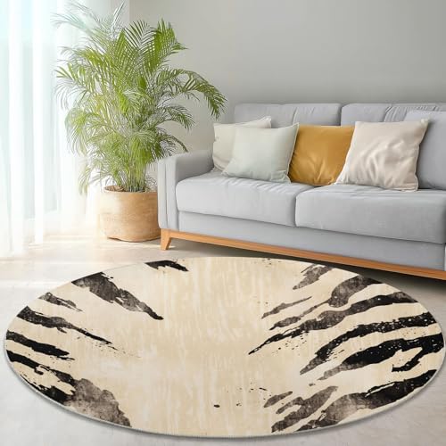 Runder Teppich aus Korallensamt Zebra-Print Retro Wild Rutschfester Waschbare 90 cm (Round) Flur Teppich Duschvorleger Fussmatten,für Esszimmer Schlafzimmer Wohnzimmer Schwarz Beige von Generic