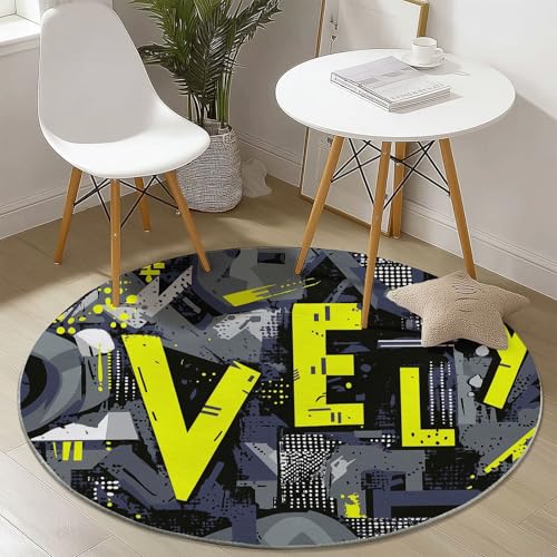 Generisch Runder Teppich mit Abstrakt Graffiti Text Drucken, Grau Gelb Flanell Weich Fußmatte für Schlafzimmer Kinderzimmer Küche, Ø 150 cm Rund Teppiche Mit Anti-Rutsch Unterseite von Generisch
