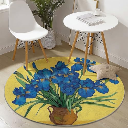 Runder Teppich mit Blumen Ölgemälde Schwertlilien Drucken, Gelb Blau Flanell Weich Fußmatte für Schlafzimmer Kinderzimmer Küche, Ø 180 cm Rund Teppiche Mit Anti-Rutsch Unterseite von Generic