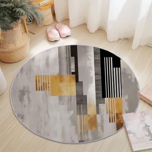 Runder Teppiche 120 cm Abstrakte Geometrische Blöcke Linien Waschbarer Runder Teppich rutschfest Fusselfrei Niederflor Für Wohnzimmer Kinderzimmer Schlafzimmer Couchtisch Beige von Generic