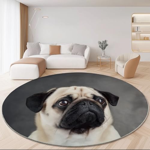 Runder Teppiche 120 cm Haustiere Möpse Hunde Waschbarer Runder Teppich rutschfest Fusselfrei Niederflor Für Wohnzimmer Kinderzimmer Schlafzimmer Couchtisch Beige von Generic