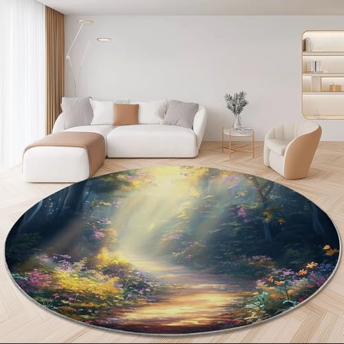 Runder Teppiche 120 cm Naturalismus Wald Lichtstrahlen Waschbarer Runder Teppich rutschfest Fusselfrei Niederflor Für Wohnzimmer Kinderzimmer Schlafzimmer Couchtisch Gelb Runder Teppiche 120 cm Naturalismus Wald Lichtstrahlen Waschbarer Runder Teppich rutschfest Fusselfrei Niederflor Für Wohnzimmer Kinderzimmer Schlafzimmer Couchtisch Gelb von Generic