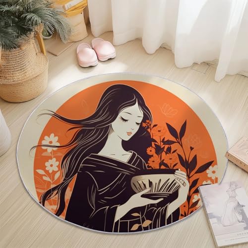 Runder Teppiche 150 cm Japanischer Stil Retro Figuren Pflanzen Waschbarer Runder Teppich rutschfest Fusselfrei Niederflor Für Wohnzimmer Kinderzimmer Schlafzimmer Couchtisch Orange Farbe von Generic