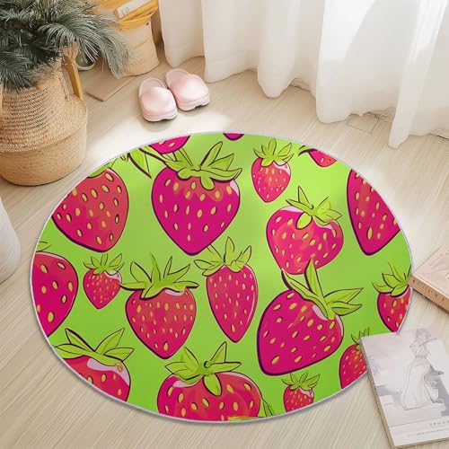 Runder Teppiche 180 cm Cartoon-Erdbeerblätter Waschbarer Runder Teppich rutschfest Fusselfrei Niederflor Für Wohnzimmer Kinderzimmer Schlafzimmer Couchtisch Grün von Generic