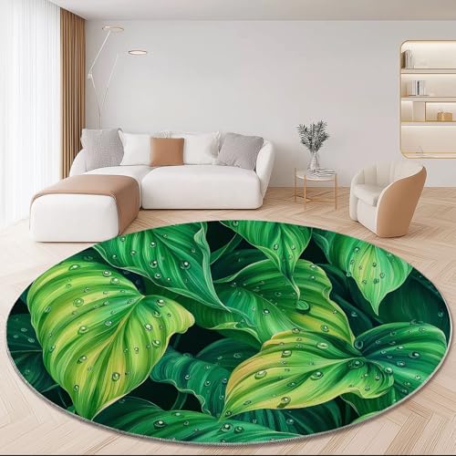 Runder Teppiche 180 cm Natur Blätter Wassertropfen Waschbarer Runder Teppich rutschfest Fusselfrei Niederflor Für Wohnzimmer Kinderzimmer Schlafzimmer Couchtisch Grün von Generic