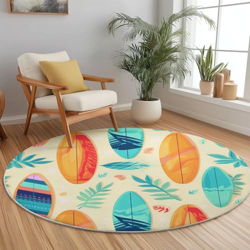Runder Teppiche 180 cm Surfbrett Tropisch Palmblätter Waschbarer Runder Teppich rutschfest Fusselfrei Niederflor Für Wohnzimmer Kinderzimmer Schlafzimmer Couchtisch Orange Farbe von Generic