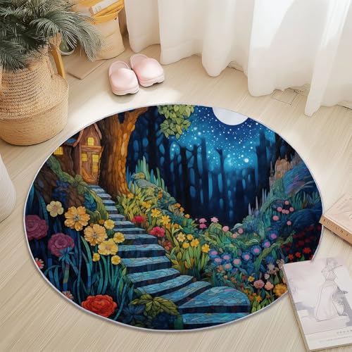 Runder Teppiche 60 cm Fantasie Baumhaus Blumen Waschbarer Runder Teppich rutschfest Fusselfrei Niederflor Für Wohnzimmer Kinderzimmer Schlafzimmer Couchtisch Blau von Generic