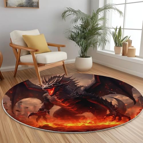 Runder Teppiche 60 cm Fantasie Drache Flamme Waschbarer Runder Teppich rutschfest Fusselfrei Niederflor Für Wohnzimmer Kinderzimmer Schlafzimmer Couchtisch Rot Runder Teppiche 60 cm Fantasie Drache Flamme Waschbarer Runder Teppich rutschfest Fusselfrei Niederflor Für Wohnzimmer Kinderzimmer Schlafzimmer Couchtisch Rot von Generic