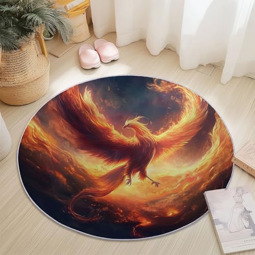 Runder Teppiche 60 cm Mythologie Phönix Flamme Waschbarer Runder Teppich rutschfest Fusselfrei Niederflor Für Wohnzimmer Kinderzimmer Schlafzimmer Couchtisch Rot von Generic