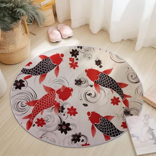 Runder Teppiche 90 cm Chinesischer Stil Koi Blumen Waschbarer Runder Teppich rutschfest Fusselfrei Niederflor Für Wohnzimmer Kinderzimmer Schlafzimmer Couchtisch Rot von Generic