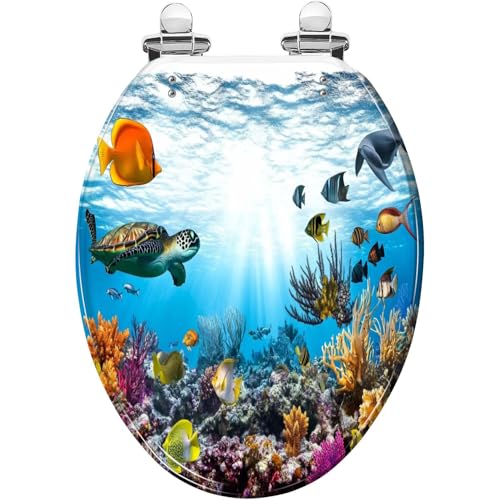 Runder Toilettensitz, Unterwasserparadies, Korallenwelle, Toilettensitz aus Kunstharz, langsam und leise schließender Deckel mit Schnellverschluss-Scharnieren, Abdeckungsstoßstange von Generic