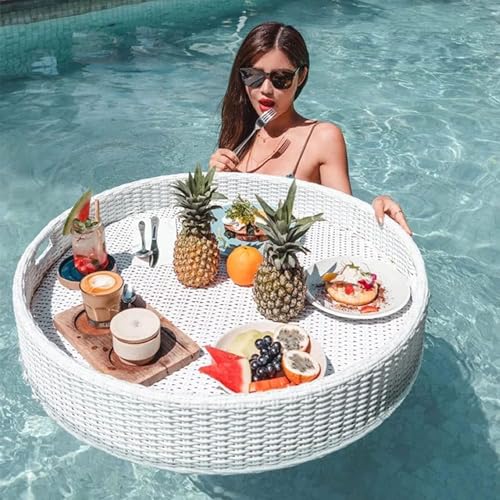Rundes Rattan-serviertablett Mit Griff Pool Schwimmende Frühstücks-serviertabletts Robustes Lebensmitteltablett Wasserdichtes Butler-tablett Für Frühstück, Teeplatten, White, 60x20cm Rundes Rattan-serviertablett Mit Griff Pool Schwimmende Frühstücks-serviertabletts Robustes Lebensmitteltablett Wasserdichtes Butler-tablett Für Frühstück, Teeplatten, White, 60x20cm von Generic