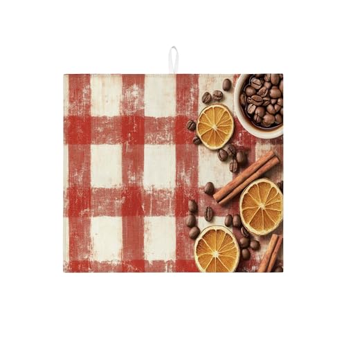 Rustikale Abtropfmatten für Küchentheke, Vintage-Design, rotes Karomuster, saugfähiges Abtropfgestell, Herbst-Mikrofaser-Trockenunterlage für Küchentheke, Kaffee, Bar, Schutz, 40,6 x 45,7 cm von Generic