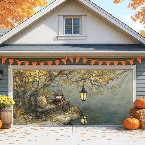 Rustikale Garagentorabdeckung, Herbstblätter und Laterne, große Garagentor-Dekorationen, Herbst-Innen- und Außenbereich, Heimdekoration, 390 x 180 cm von Generic