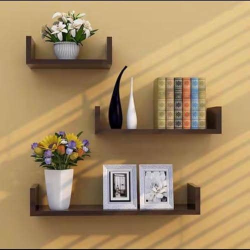 Rustikale Holzregale Für Wand U-förmig Für Wand 3er-Set Wandregal Schlafzimmer, Küche, Wohnzimmer, Black Walnut von Generic