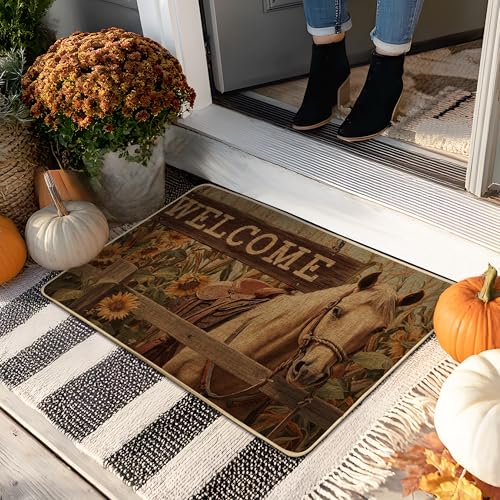 Rustikale Willkommens-Fußmatte, beige, Pferde-Design für Herbstdekoration, Gummi, wasserdicht, rutschfest, für Innen- und Außenbereich, leicht zu reinigen, 73,2 x 43,2 cm von Generic