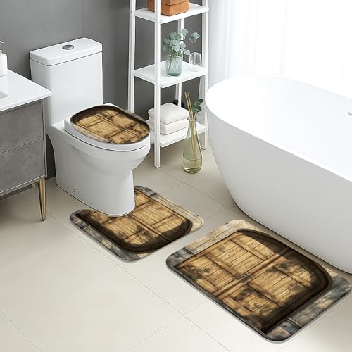 Rustikales Badezimmermatten-Set, 3-teilig, Holztürdruck, saugfähig, rutschfest, WC-Vorleger, U-förmig, waschbar, Vintage-Stil, Bauernhaus, schnell trocknend, Memory-Schaum, Badezimmerteppich-Set von Generic