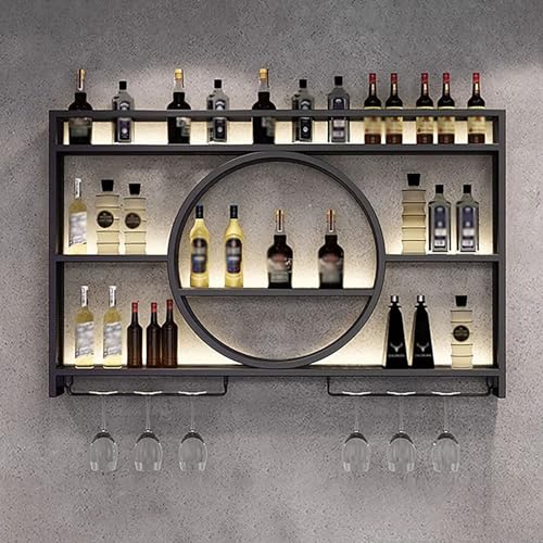 Rustikales wandmontiertes Weinregal aus Metall im Industriestil mit LED-Licht und schwebenden Regalen Schwarz (120x) von Generic