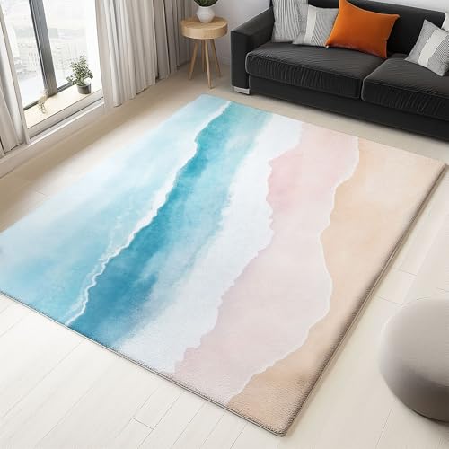 Rutschfester Flanell Teppich Hellblau, Kurzflor Bedruckt mit Retro-Illustration der Strandwelle Muster, Weich Langlebig Zuhause Kinderzimmer Wohnzimmer Schlafzimmer, 160 x 230 cm Rutschfester Flanell Teppich Hellblau, Kurzflor Bedruckt mit Retro-Illustration der Strandwelle Muster, Weich Langlebig Zuhause Kinderzimmer Wohnzimmer Schlafzimmer, 160 x 230 cm von Generic