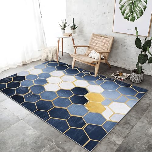 Rutschfester Kurzflor Teppich, Marineblau Weiß Flanell Heimdekoration Teppich Innenbereich Modern Geometrisch Sechseckig Bedruckter, Für Wohnzimmer Schlafzimmer Esszimmer 140 x 200 cm von Generic