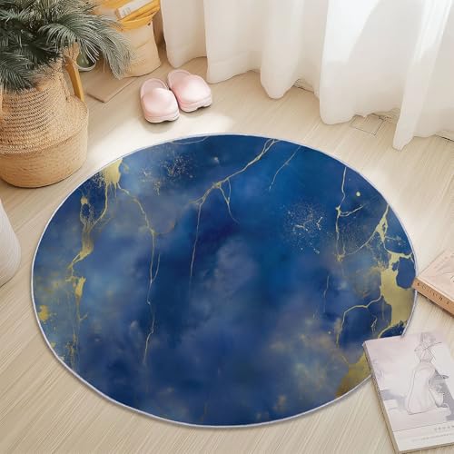 Rutschfester Teppich Rund Blau Gold, Abstrakt Linien Aquarell Muster, Moderne Wohnzimmer Flauschig Teppiche Weich Waschbarer Flanell Fußmatte für Schlafzimmer Küche (Durchmesser 160 cm) von Generic