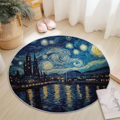 Rutschfester Teppich Rund Bunt, Abstrakt Stadtlandschaft Ölgemälde Muster, Moderne Wohnzimmer Flauschig Teppiche Weich Waschbarer Flanell Fußmatte für Schlafzimmer Küche (Durchmesser 180 cm) von Generic