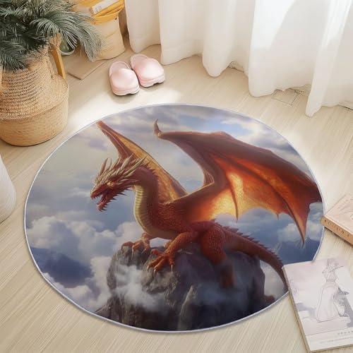 Rutschfester Teppich Rund Bunt, Fantasie Drache Berg Wolke Muster, Moderne Wohnzimmer Flauschig Teppiche Weich Waschbarer Flanell Fußmatte für Schlafzimmer Küche (Durchmesser 140 cm) von Generic