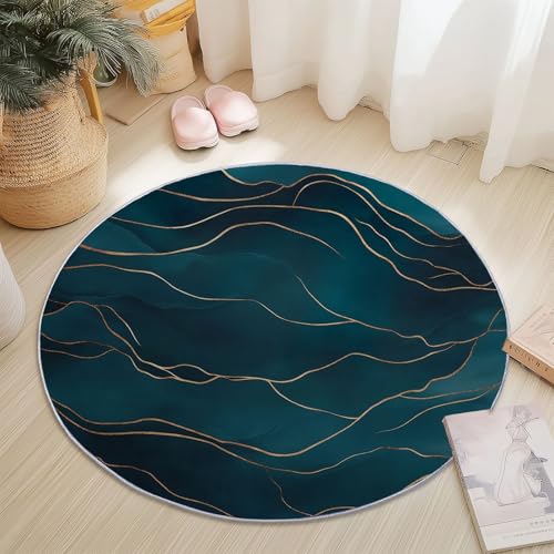 Rutschfester Teppich Rund Dunkelblau Gold, Textur Linien Einfach Muster, Moderne Wohnzimmer Flauschig Teppiche Weich Waschbarer Flanell Fußmatte für Schlafzimmer Küche (Durchmesser 140 cm) von Generic