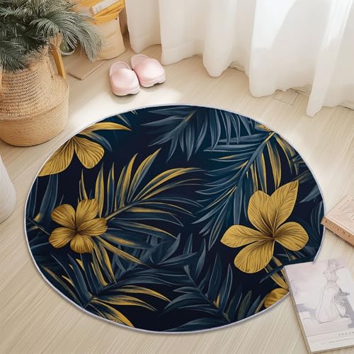 Rutschfester Teppich Rund Gelb Dunkelblau, Einfach Tropische Blumen Blätter Muster, Moderne Wohnzimmer Flauschig Teppiche Weich Waschbarer Flanell Fußmatte für Schlafzimmer Küche (Durchmesser 160 cm) von Generic
