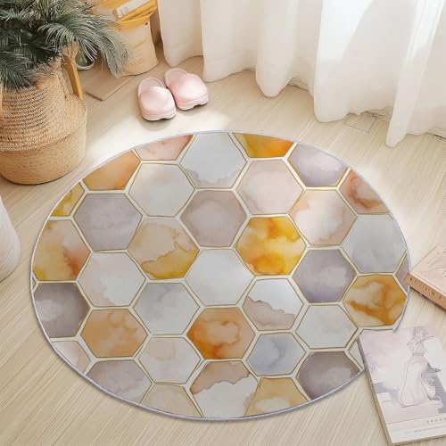 Rutschfester Teppich Rund Gelb Gold, Aquarell Sechseck Textur Linien Muster, Moderne Wohnzimmer Flauschig Teppiche Weich Waschbarer Flanell Fußmatte für Schlafzimmer Küche (Durchmesser 140 cm) von Generic