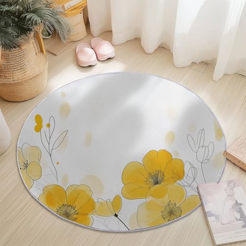 Rutschfester Teppich Rund Gelb Weiß, Aquarell Blumen Linien Muster, Moderne Wohnzimmer Flauschig Teppiche Weich Waschbarer Flanell Fußmatte für Schlafzimmer Küche (Durchmesser 160 cm) von Generic