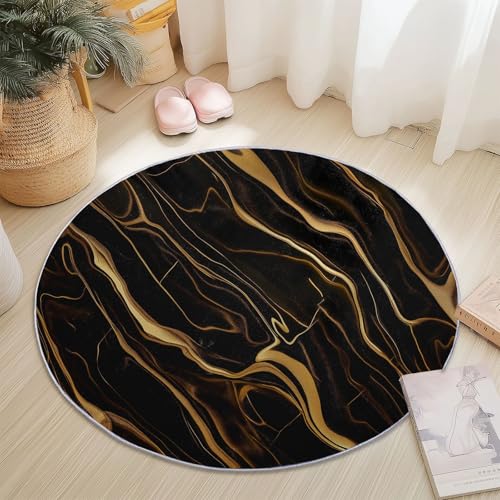 Rutschfester Teppich Rund Gold Schwarz, Abstrakt Luxus Marmor Muster, Moderne Wohnzimmer Flauschig Teppiche Weich Waschbarer Flanell Fußmatte für Schlafzimmer Küche (Durchmesser 180 cm) von Generic