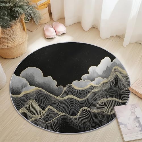 Rutschfester Teppich Rund Gold Weiß, Abstrakt Wolken Berge Textur Muster, Moderne Wohnzimmer Flauschig Teppiche Weich Waschbarer Flanell Fußmatte für Schlafzimmer Küche (Durchmesser 60 cm) von Generic