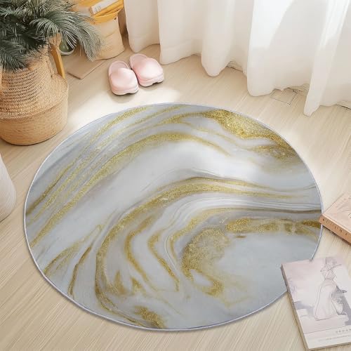 Rutschfester Teppich Rund Gold Weiß, Modern Textur Wirbel Eleganz Muster, Moderne Wohnzimmer Flauschig Teppiche Weich Waschbarer Flanell Fußmatte für Schlafzimmer Küche (Durchmesser 180 cm) von Generic