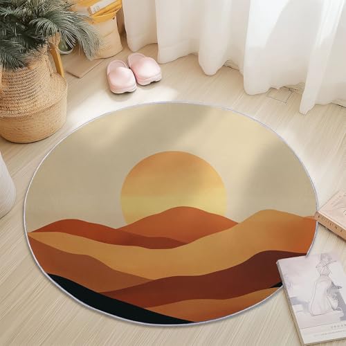 Rutschfester Teppich Rund Orange Gelb, Abstrakt Sonnenuntergang Hügel Wüste Muster, Moderne Wohnzimmer Flauschig Teppiche Weich Waschbarer Flanell Fußmatte für Schlafzimmer Küche (Durchmesser 140 cm) von Generic
