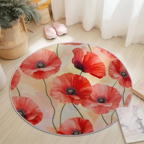 Rutschfester Teppich Rund Rot Gelb, Aquarell Blumen Mohnblumen Muster, Moderne Wohnzimmer Flauschig Teppiche Weich Waschbarer Flanell Fußmatte für Schlafzimmer Küche (Durchmesser 180 cm) von Generic